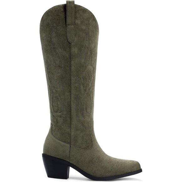 Women's Green Knee High Wide Calf Cowgirl Boots Slip On Pointed Toe Chunky Heel - Picture 3 of 6